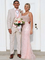 Blush Pink Square Neck Sequin Prom Dress with Satin Bow Belt