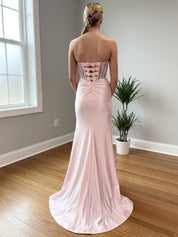 Blush Pink Strapless Corset Prom Dress with Thigh-High Slit