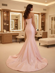 Blush Pink Strapless Pearl Beading Mermaid Prom Dress with Bow Belt