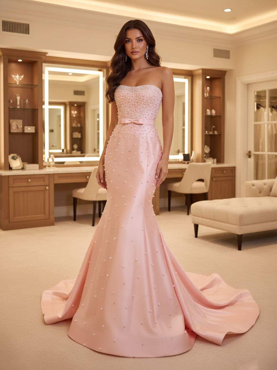 Blush Pink Strapless Pearl Beading Mermaid Prom Dress with Bow Belt