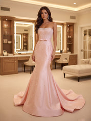 Blush Pink Strapless Pearl Beading Mermaid Prom Dress with Bow Belt