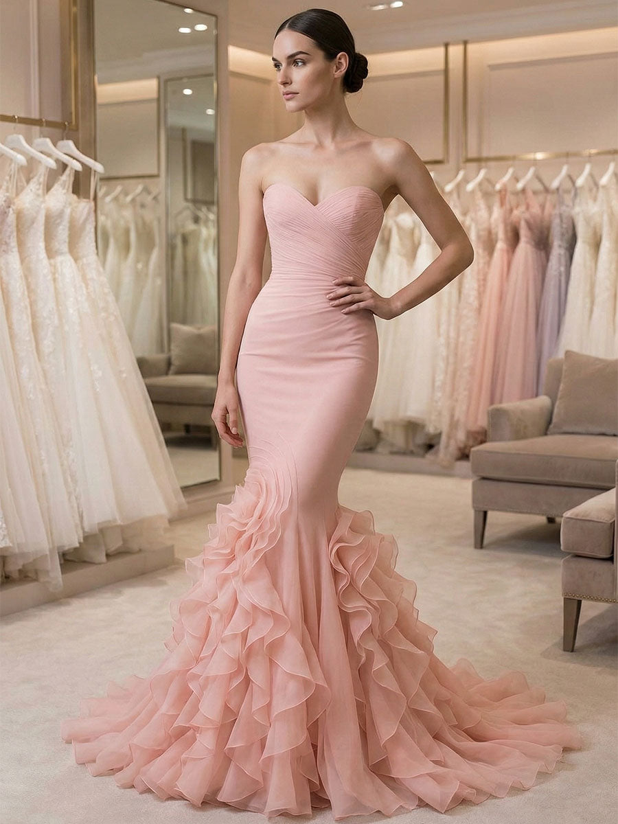 Blush Pink Strapless Ruffled Mermaid Long Prom Dress