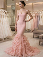Blush Pink Strapless Ruffled Mermaid Long Prom Dress