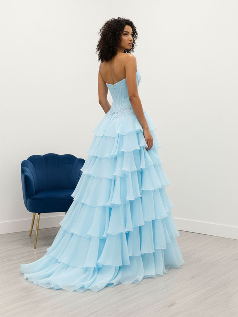 Blush Pink Strapless Tiered Ruffle Long Prom Dress