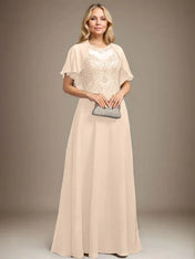 A-line Scoop Illusion Floor-Length Lace Chiffon Mother of the Bride Dress With Sequins