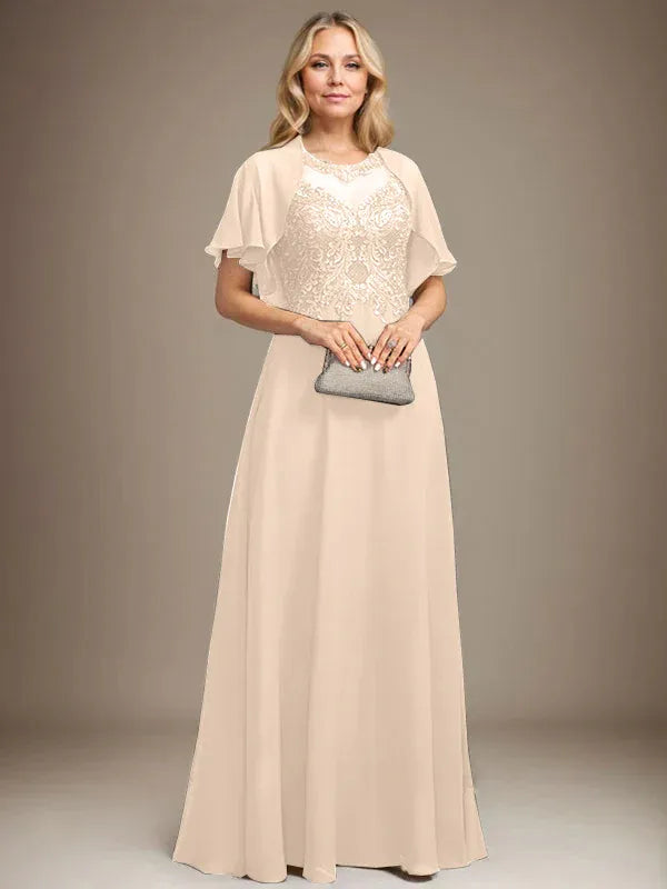 A-line Scoop Illusion Floor-Length Lace Chiffon Mother of the Bride Dress With Sequins