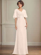 A-line V-Neck Floor-Length Chiffon Mother of the Bride Dress With Pleated Sequins Appliques Lace