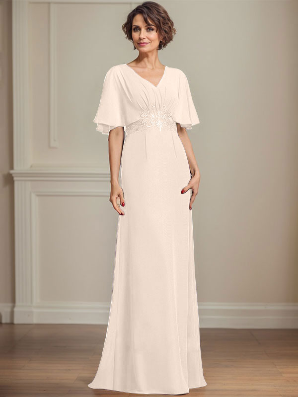 A-line V-Neck Floor-Length Chiffon Mother of the Bride Dress With Pleated Sequins Appliques Lace