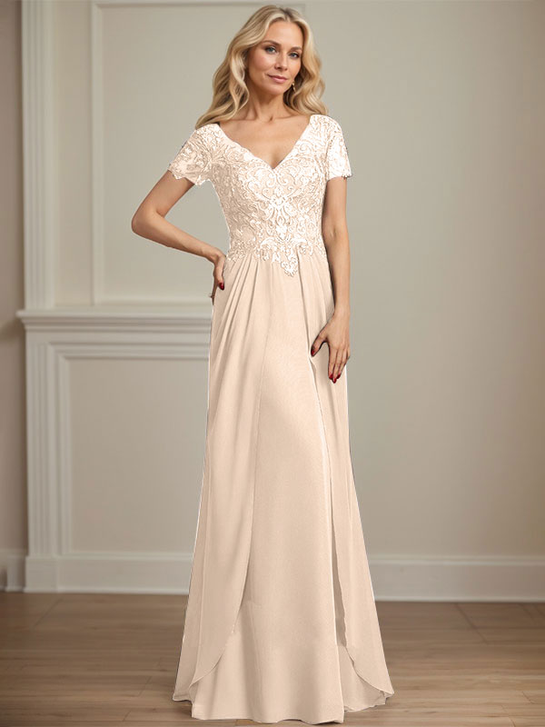 A-line V-Neck Floor-Length Chiffon Lace Mother of the Bride Dress