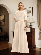 A-line Scoop Illusion Floor-Length Chiffon Lace Mother of the Bride Dress With Pleated Sequins