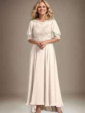 A-line Scoop Illusion Asymmetrical Chiffon Lace Mother of the Bride Dress With Beading