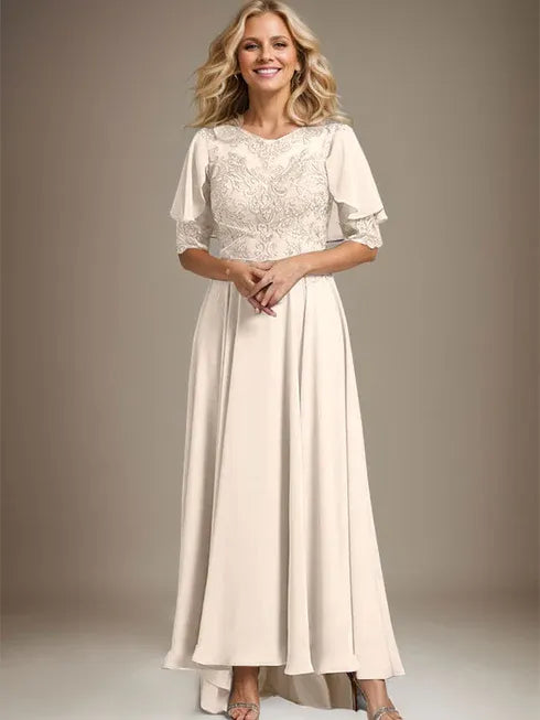 A-line Scoop Illusion Asymmetrical Chiffon Lace Mother of the Bride Dress With Beading