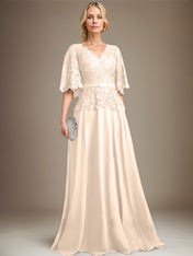 A-line V-Neck Floor-Length Chiffon Lace Mother of the Bride Dress With Crystal Brooch Rhinestone