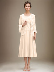 A-line Scoop Tea-Length Lace Chiffon Mother of the Bride Dress With Sequins