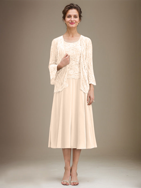 A-line Scoop Tea-Length Lace Chiffon Mother of the Bride Dress With Sequins
