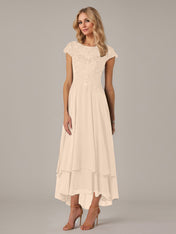 A-line Boat Neck Illusion Asymmetrical Chiffon Lace Mother of the Bride Dress With Applique Pleats