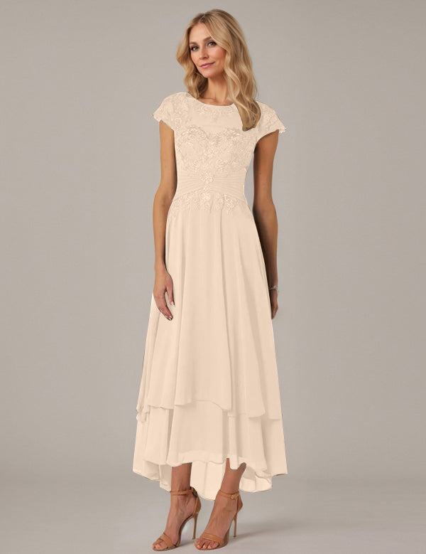 A-line Boat Neck Illusion Asymmetrical Chiffon Lace Mother of the Bride Dress With Applique Pleats