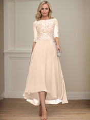 A-line Boat Neck Illusion Asymmetrical Chiffon Lace Mother of the Bride Dress With Sequins Beading
