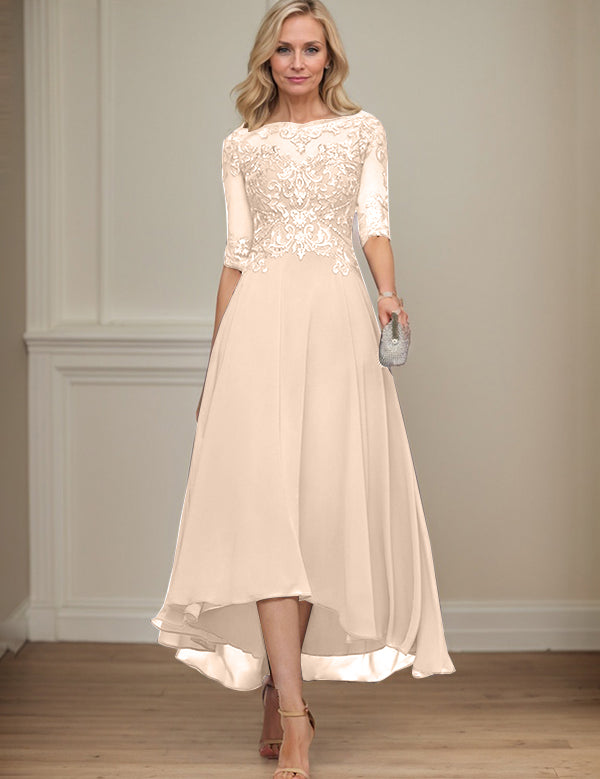 A-line Boat Neck Illusion Asymmetrical Chiffon Lace Mother of the Bride Dress With Sequins Beading