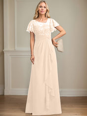A-line Asymmetrical Illusion Floor-Length Lace Chiffon Mother of the Bride Dress With Cascading Ruffles Sequins
