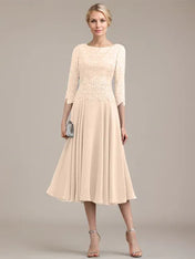 A-line Scoop Tea-Length Lace Chiffon Mother of the Bride Dress
