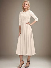 A-line Scoop Tea-Length Lace Chiffon Mother of the Bride Dress With Sequins