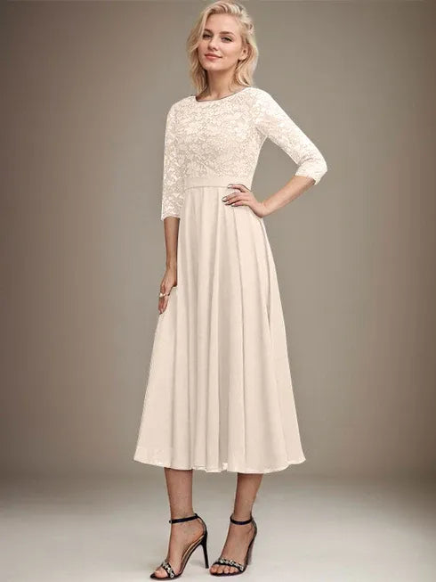 A-line Scoop Tea-Length Lace Chiffon Mother of the Bride Dress With Sequins