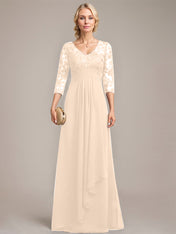 A-line V-Neck Floor-Length Lace Chiffon Mother of the Bride Dress With Cascading Ruffles Sequins