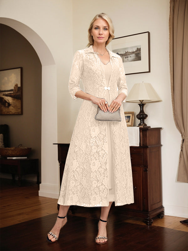 A-line V-Neck Tea-Length Chiffon Mother of the Bride Dress