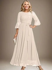 A-line Scoop Ankle-Length Lace Chiffon Mother of the Bride Dress With Bow