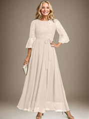 Robe de mère de la mariée trapèze en mousseline de soie et dentelle, longueur cheville, avec nœud