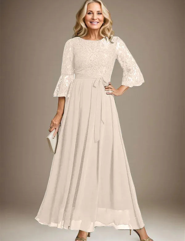 A-line Scoop Ankle-Length Lace Chiffon Mother of the Bride Dress With Bow