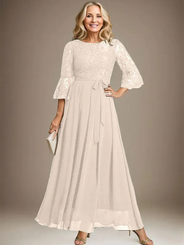 Robe de mère de la mariée trapèze en mousseline de soie et dentelle, longueur cheville, avec nœud