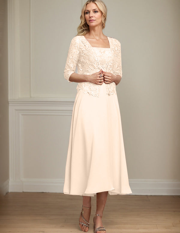A-line Square Tea-Length Chiffon Lace Mother of the Bride Dress With Sequins Beading