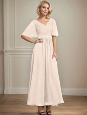 A-line V-Neck Ankle-Length Chiffon Mother of the Bride Dress With Pleated Beading Sequins
