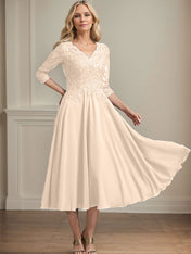 A-line V-Neck Tea-Length Chiffon Lace Mother of the Bride Dress With Beading Sequins