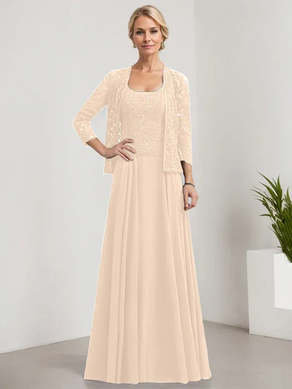 Robe de mère de la mariée trapèze carrée, longueur au sol, en mousseline de soie et dentelle, avec paillettes 