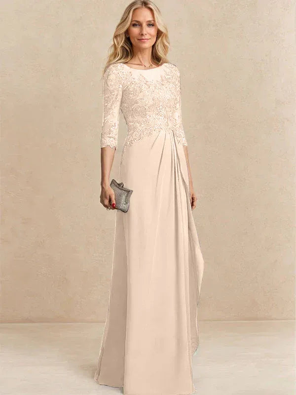 Robe de mère de la mariée trapèze en mousseline de soie et dentelle, longueur au sol, avec perles, paillettes et volants en cascade 