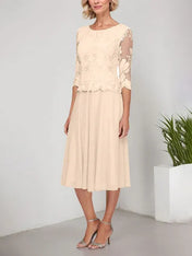 A-line Scoop Tea-Length Lace Chiffon Mother of the Bride Dress With Embroidery