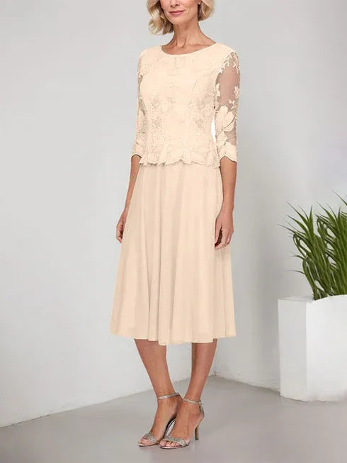 A-line Scoop Tea-Length Lace Chiffon Mother of the Bride Dress With Embroidery