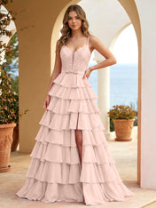 Pink Lace Corset Tiered Ruffle Long Prom Dress