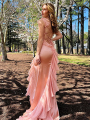 Blush Mermaid Spaghetti Straps Chiffon Long Prom Dress with Ruffles