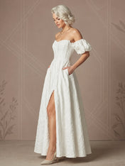 Off-the-Shoulder Sweetheart Floral Jacquard Midi Wedding Dress