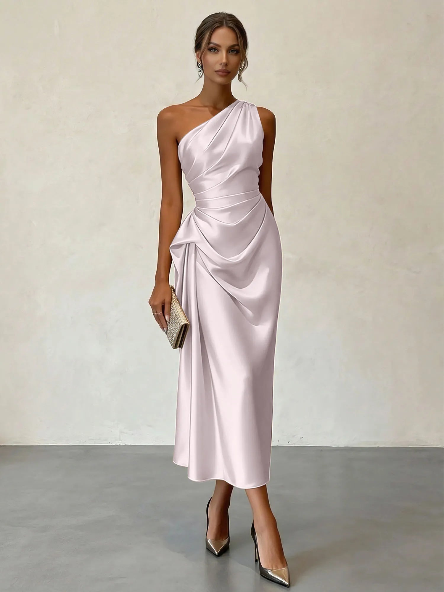 Champagne Ruched Satin One Shoulder Sleeveless Sheath Midi Dress