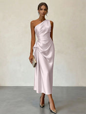 Champagne Ruched Satin One Shoulder Sleeveless Sheath Midi Dress
