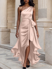 Glamorous Formal Dress Midnight Navy One Shoulder High-Low Satin Gown Midi Dress