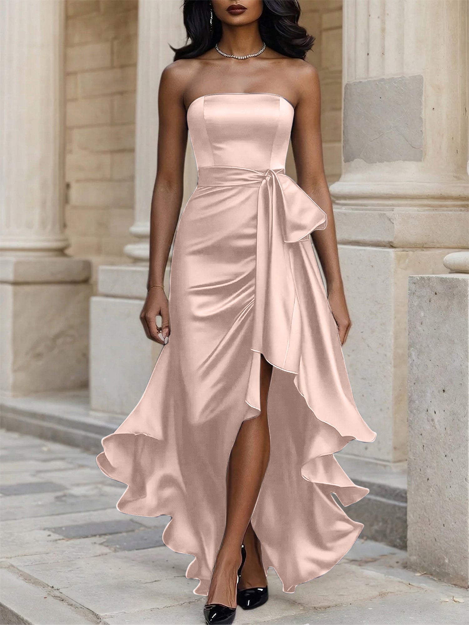 Glamorous Formal Dress Midnight Navy Strapless Satin Gown Midi Dress