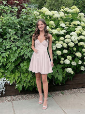 Blue A Line V-neck Beaded Back Tie Short Homecoming Mini Dress