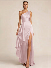 Sleek Foraml Evening Gown Midnight Navy One-Shoulder Satin Slit Maxi Dress