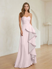 Formal Evening Dress Blush Strapless Ruffle Maxi Dress Gown